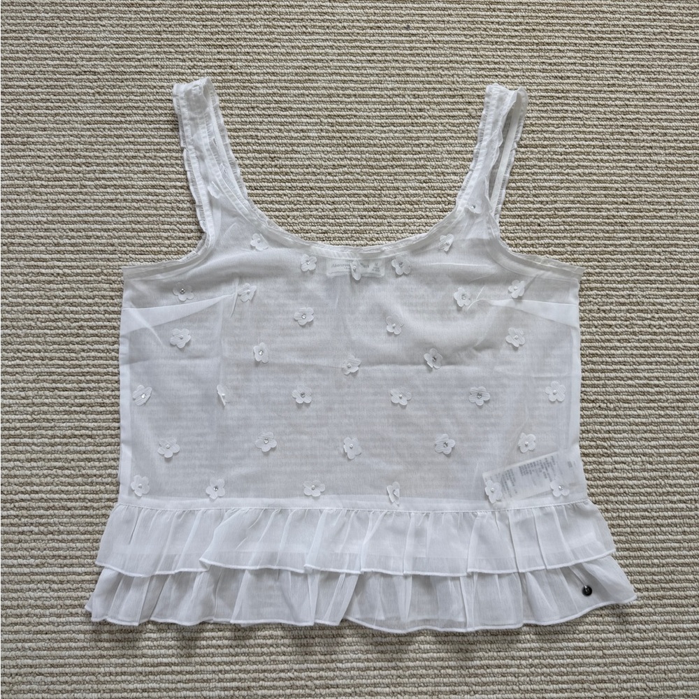 Abercrombie & Fitch White Floral Sheer Ruffle Top